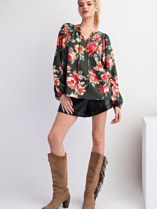 Easel Los Angeles Tops - New Easel Women's Floral Tie Neck Blouse Pullover Woven Long Sleeve Relaxed Fit